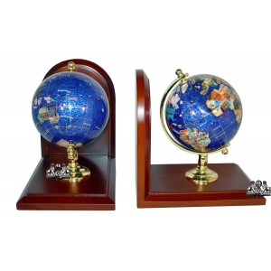 7" Tall pair of Bahama Blue Pearl Swirl Ocean wood base Gemstone Globe Bookend 722301695920  172307491617
